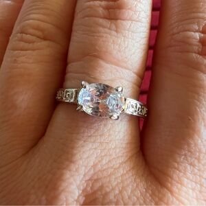 Silver Tone Clear Stone Ring with Detailed Band